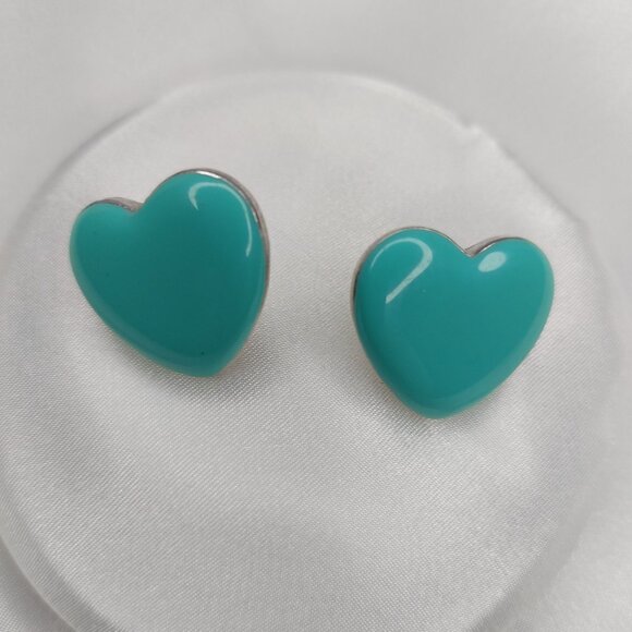 Teal Green Enamel Heart Button Earrings - Picture 6 of 6